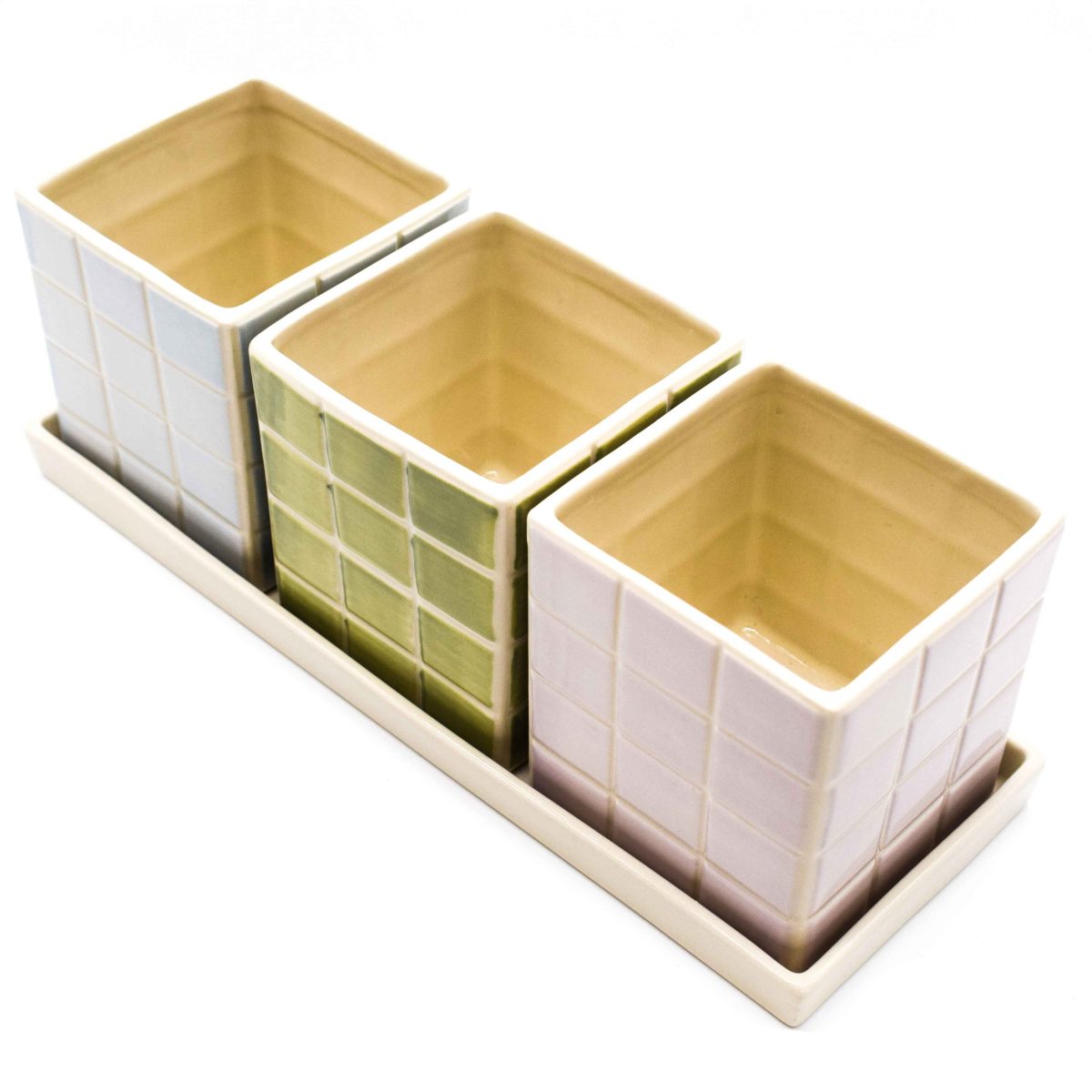 Upper Street Set of Three Cool Pastel Tile Design Ceramic Planters with Tray - Image 4