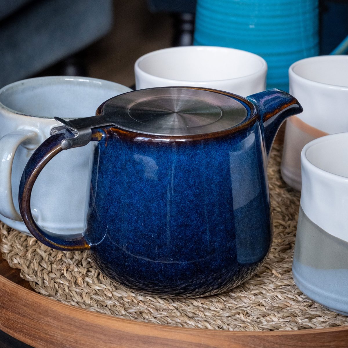 Scandi Home 1L Bergen Blue Reactive Glaze Teapot with Stainless Steel Lid