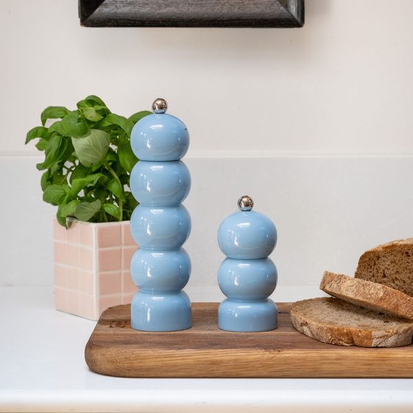 Scandi Home London | Upper Street Home Large and medium Baby Blue Pepper Mills on kitchen counter