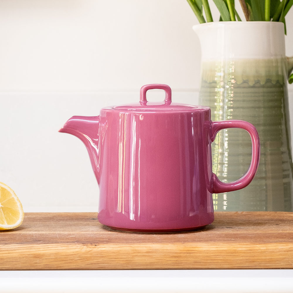 Scandi Home 1L Oslo Pink Teapot with Stainless Steel Infuser | Upper Street Home Oslo Pink Teapot on kitchen counter