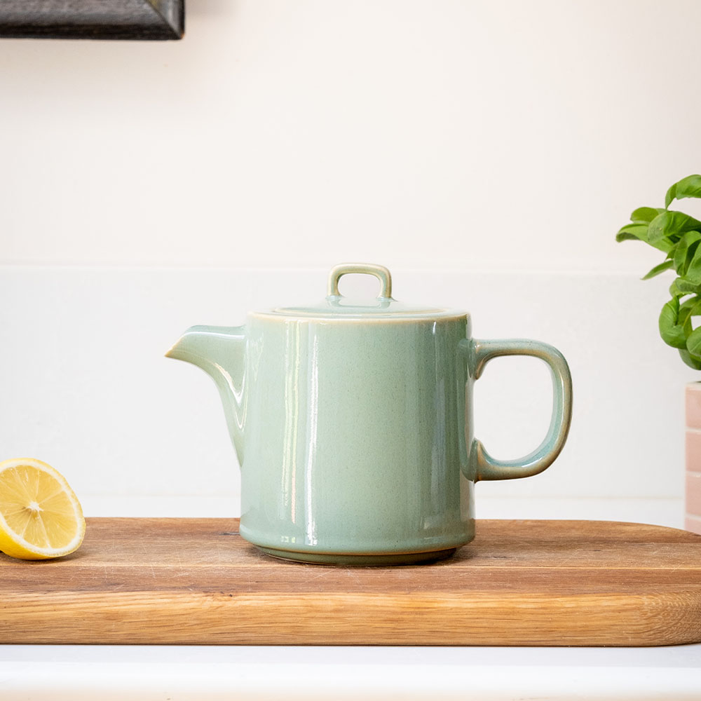 Scandi Home 1L Oslo Sage Green Teapot with Stainless Steel Infuser | Upper Street Home Oslo Sage Green Teapot on kitchen counter.jpg
