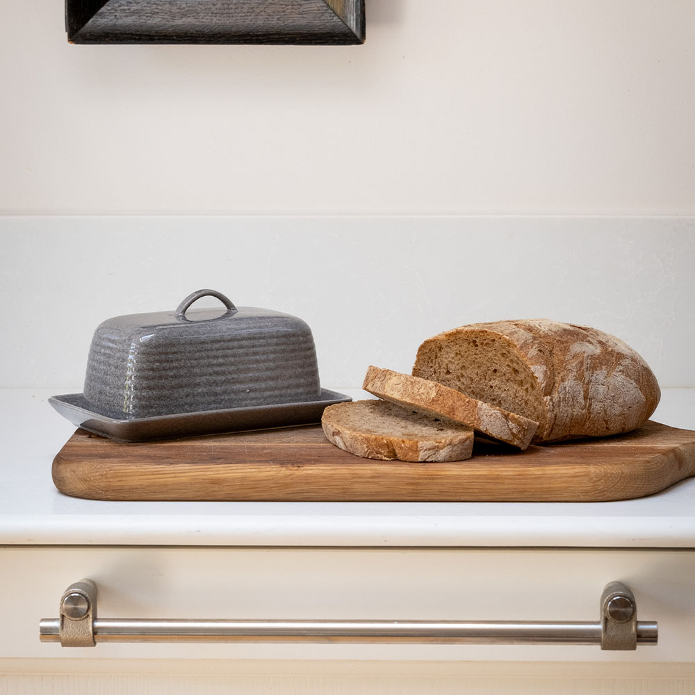 Scandi Home Grey Reactive Glaze Ceramic Paris Butter Dish | Upper Street Home Paris Grey Butter Dish on Kitchen Counter