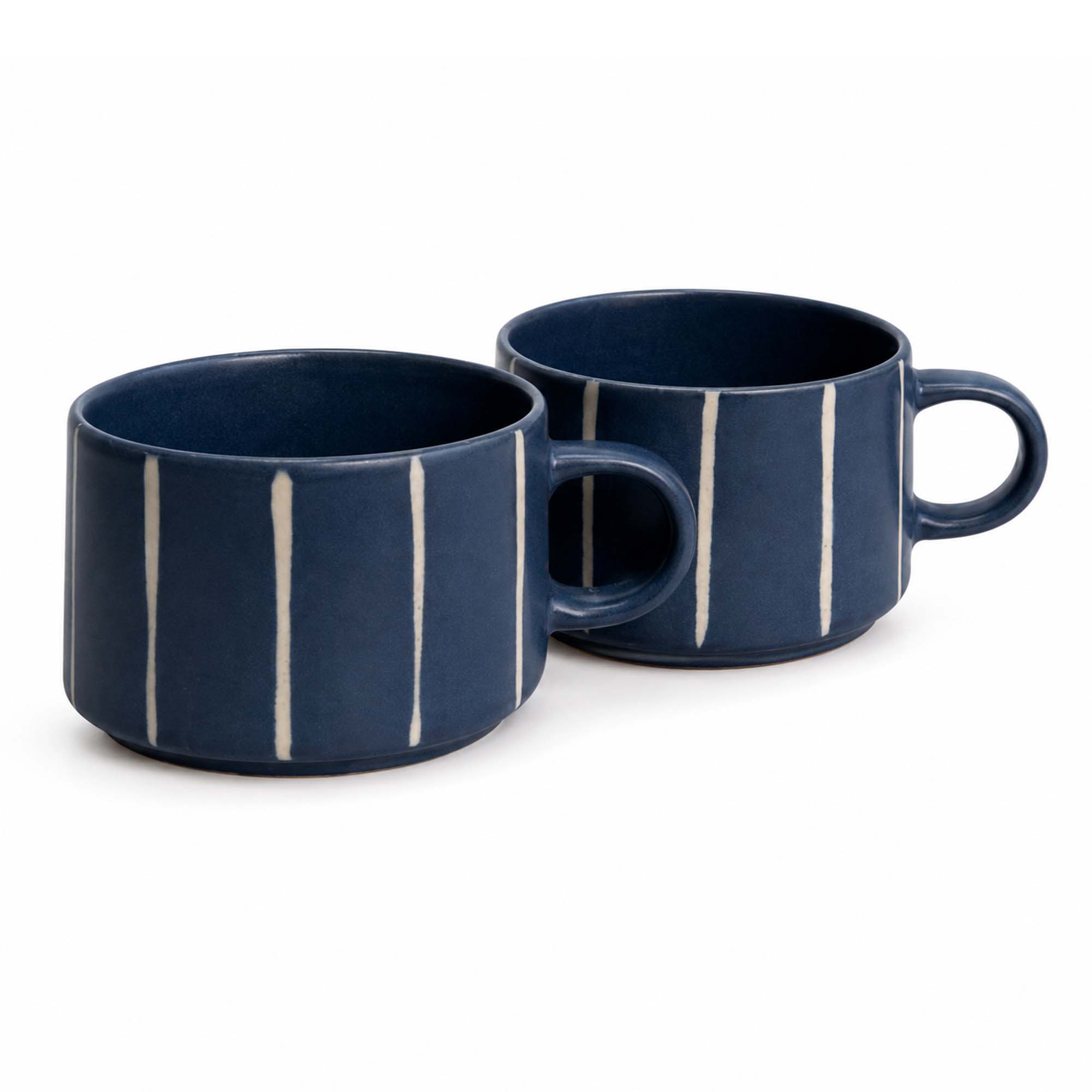 Scandi Home Luna Ceramic Coffee Mugs, Set of 2, 520ml, Navy Blue Striped Reactive Glaze | Upper Street Home Blue Striped Ceramic Coffee Mugs