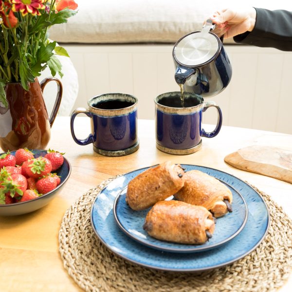 Mugs | Upper Street Home Blue reactive glaze ceramic tableware set with mugs, plates and teapot.