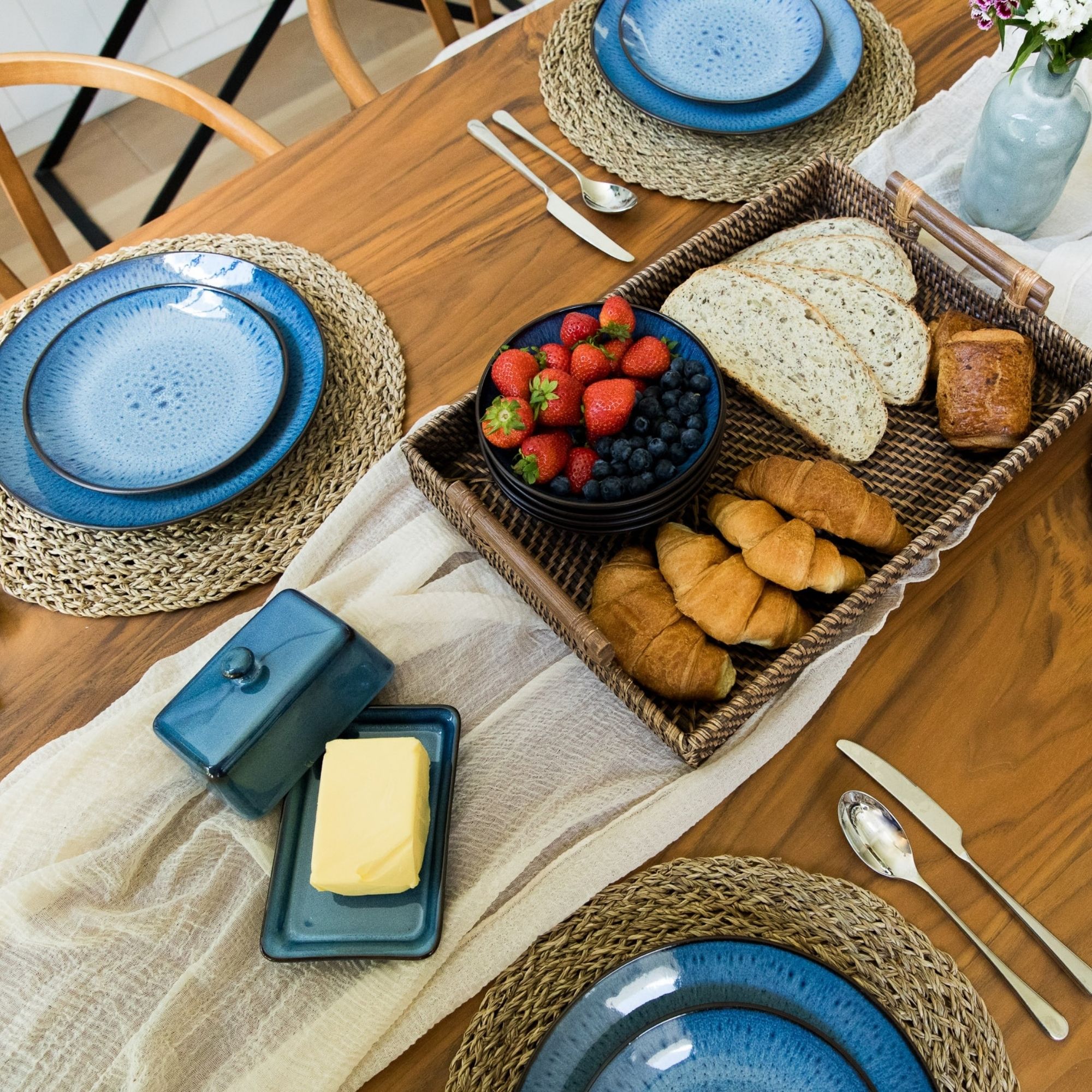Scandi Home Havn 12-Piece Ceramic Tableware Set, Blue Reactive Glaze | Upper Street Home Tableware