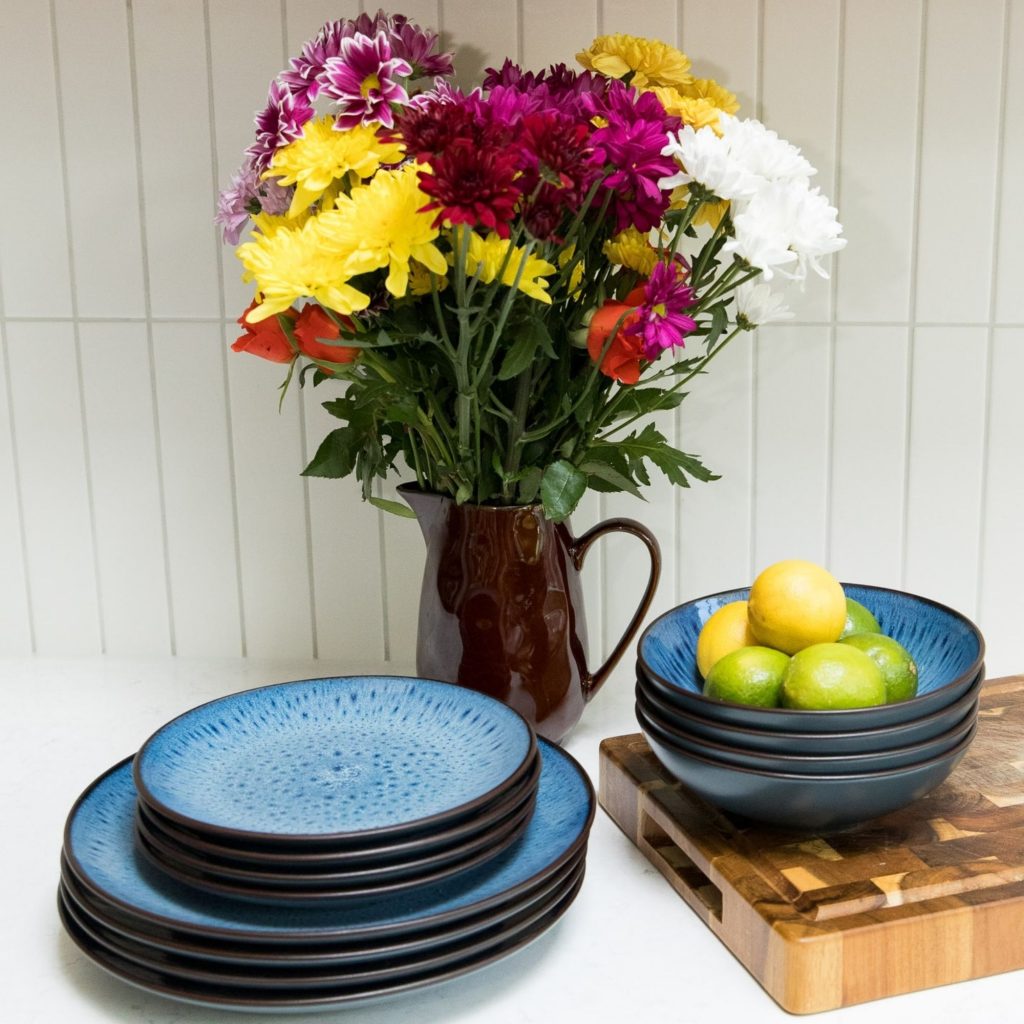 Christmas Gifts | Upper Street Home Havn blue reactive glaze tableware with a jug of flowers