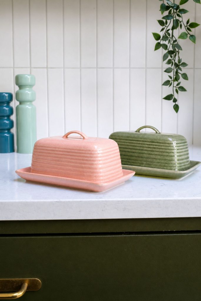 Green and pink Paris ceramic butter dishes
