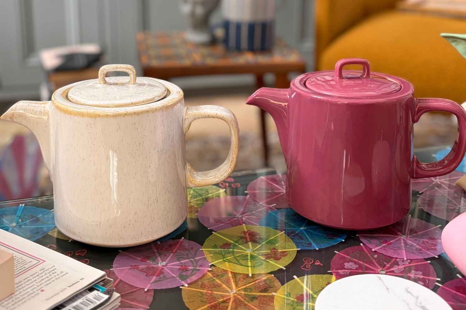 How to Choose a Teapot, and How to Keep Tea Hot for Longer | Upper Street Home Oslo cream and pink ceramic teapots on a coffee table