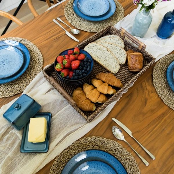 Autumn table laid with Havn blue reactive glaze tableware