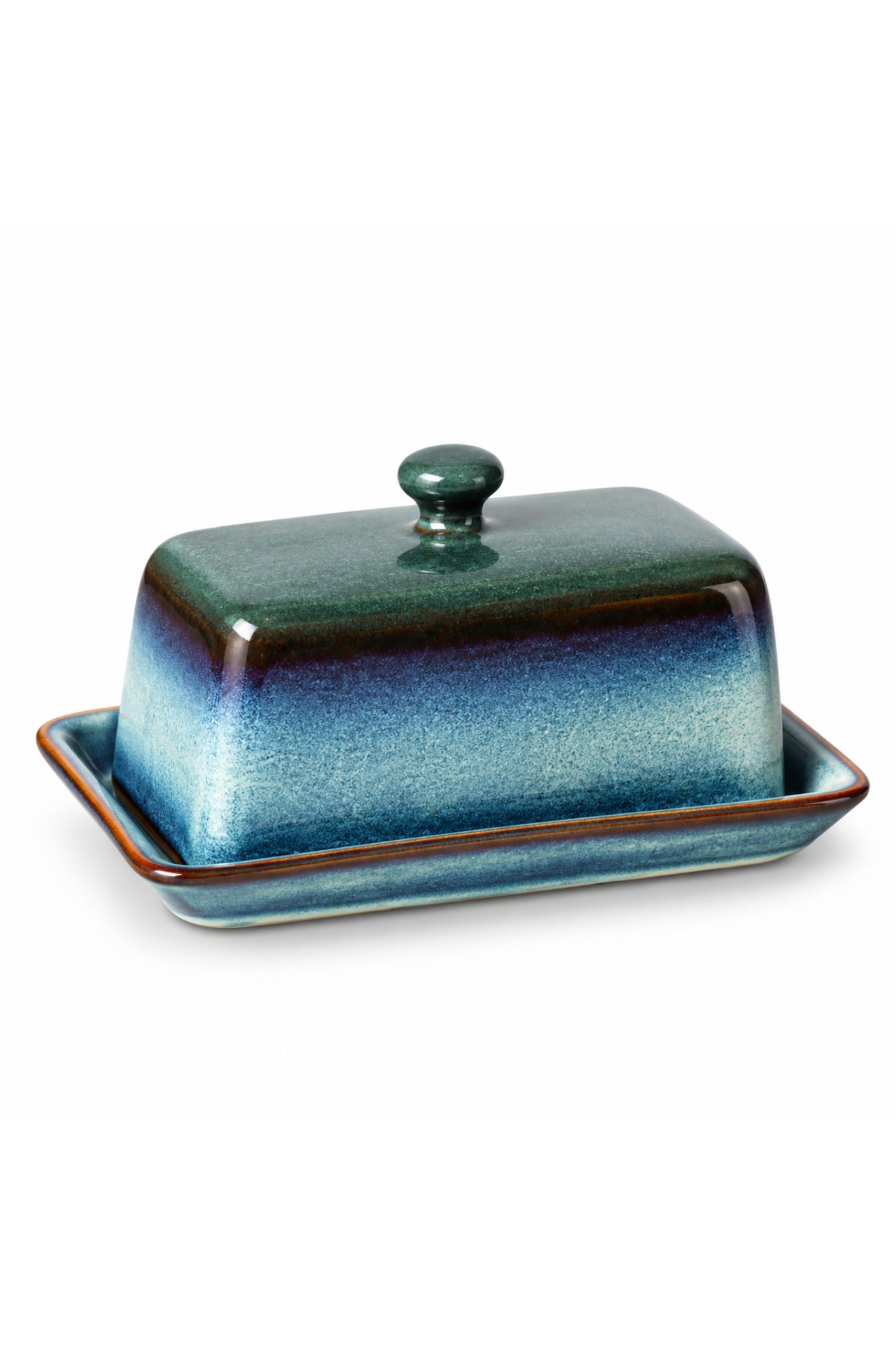 Skandi Home Nord Ocean Teal Traditional Reactive Glaze Ceramic Butter Dish | Upper Street Home Skandi Home Nord Ocean Teal reactive glaze ceramic butter dish, front view