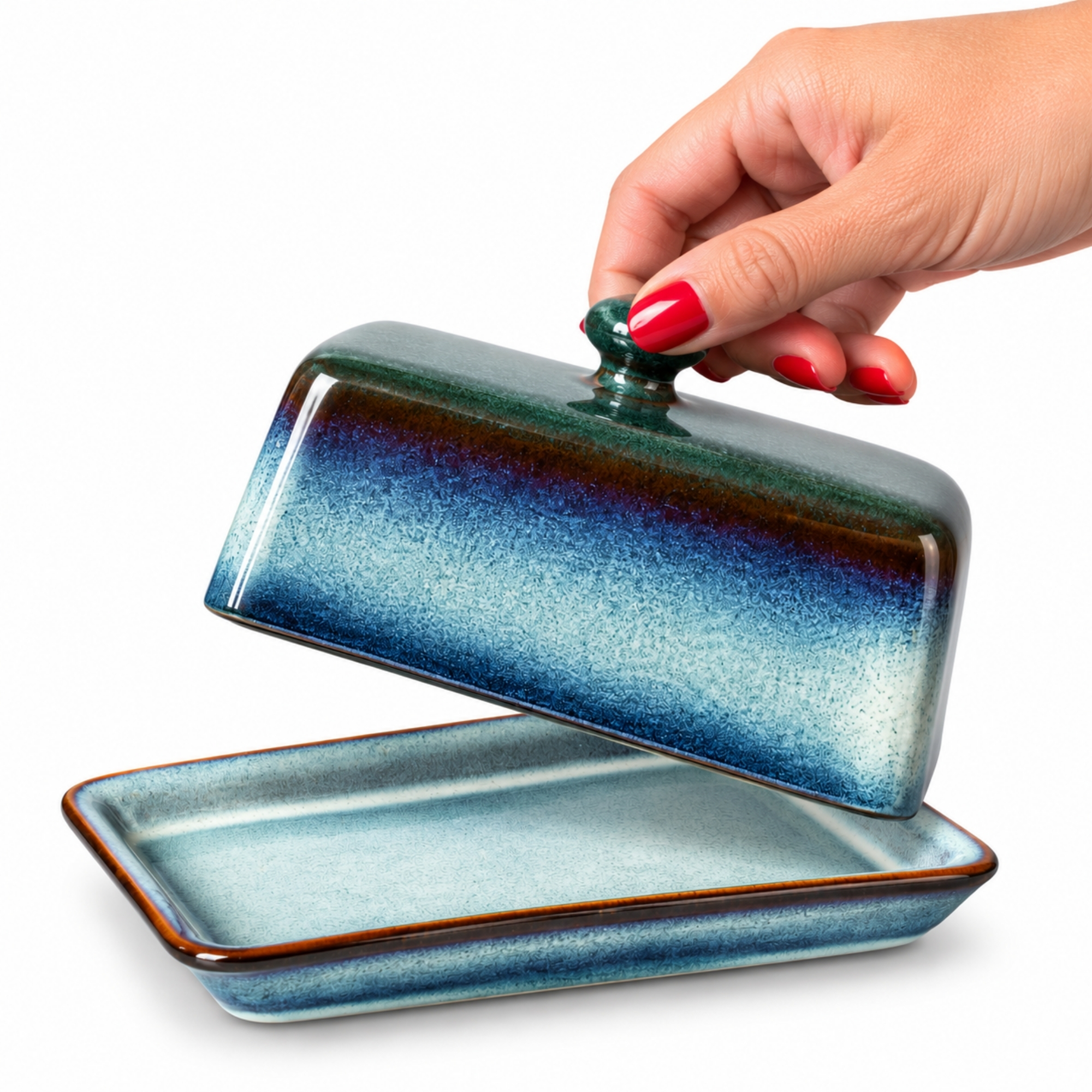 Skandi Home Nord Ocean Teal Traditional Reactive Glaze Ceramic Butter Dish | Upper Street Home Skandi Home Nord Ocean Teal reactive glaze ceramic butter dish with the lid off