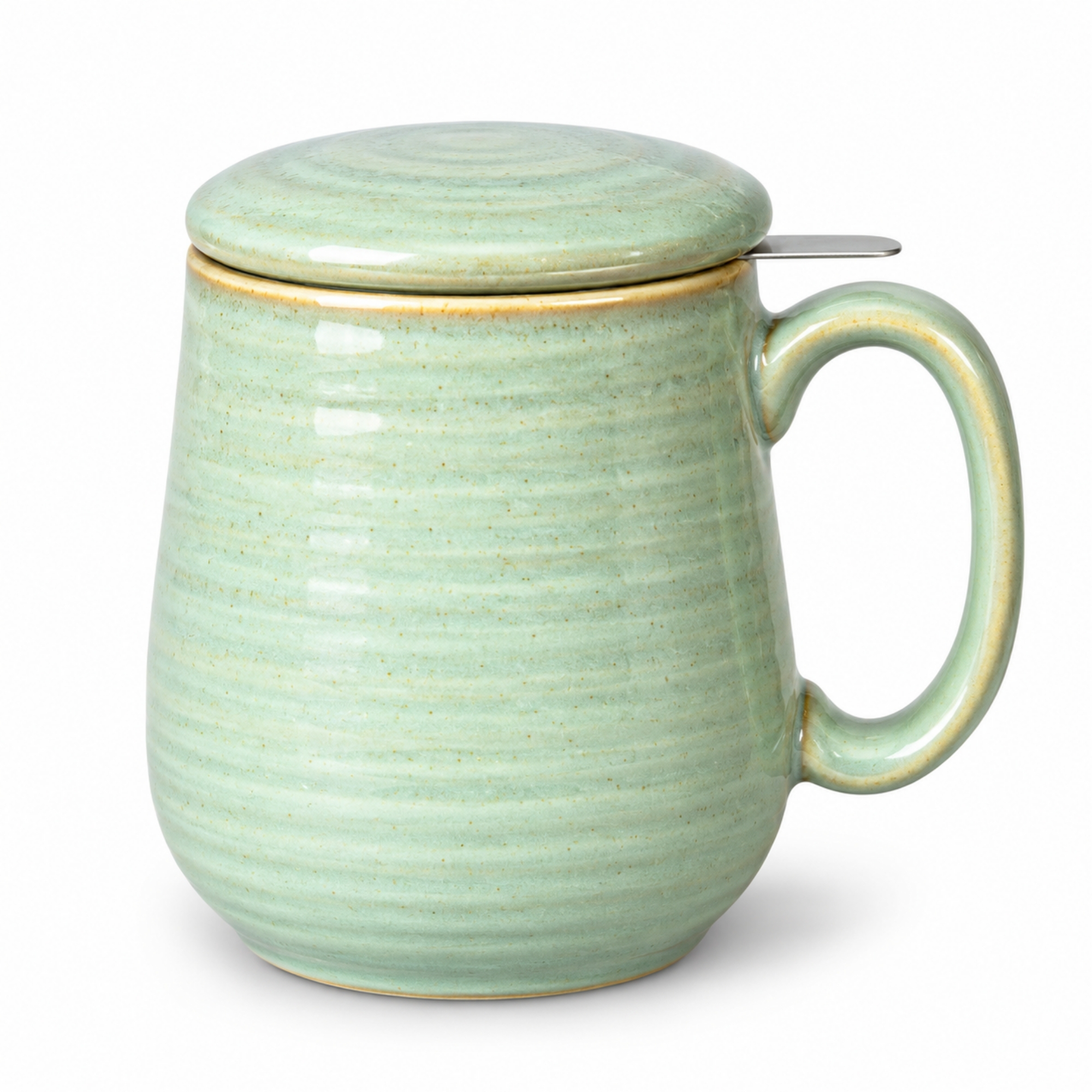 Skandi Home Aska Large Sage Green Reactive Glaze Ceramic Infuser Mug with Lid and removable Stainless Steel Infuser | Upper Street Home Skandi Home Aska large sage green reactive glaze infuser mug, front view