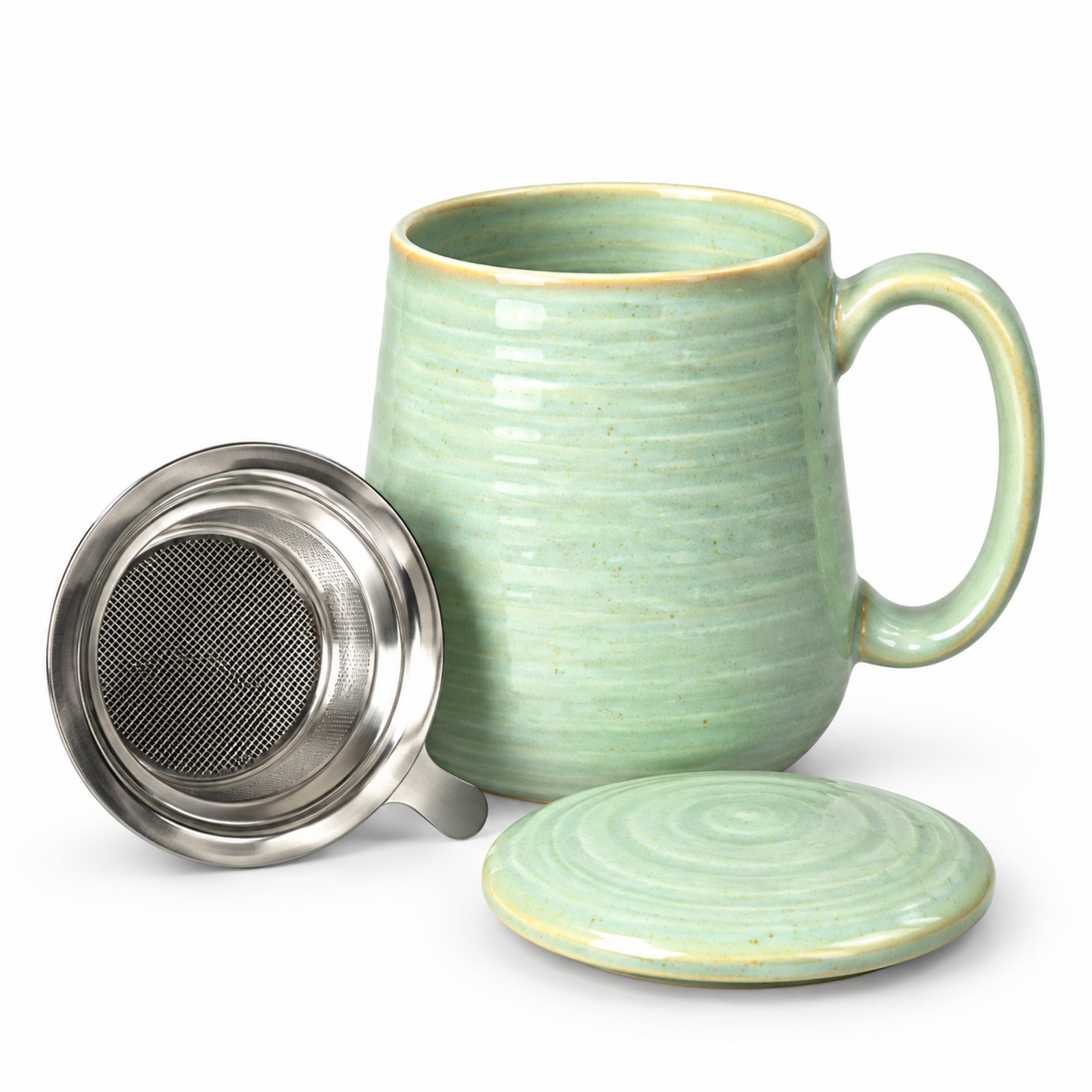 Skandi Home Aska Large Sage Green Reactive Glaze Ceramic Infuser Mug with Lid and removable Stainless Steel Infuser | Upper Street Home Skandi Home Aska large sage green reactive glaze infuser mug with stainless steel infuser and lid