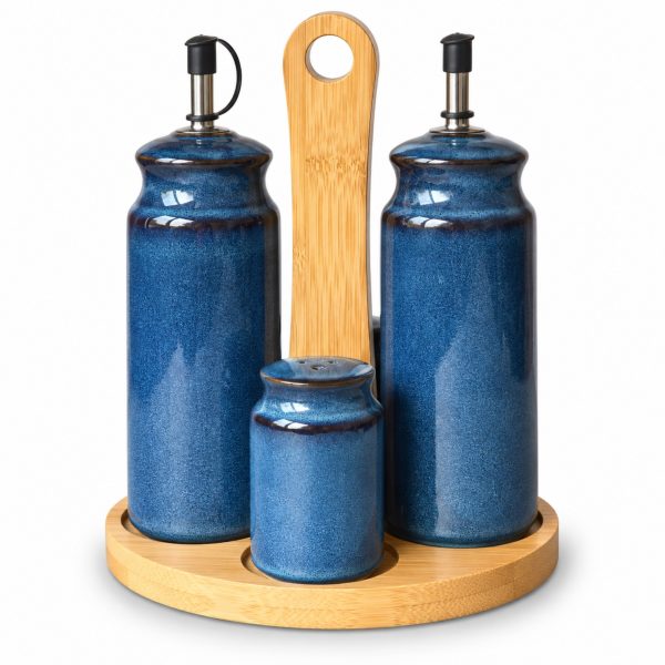 Skandi Home Solen navy reactive glaze condiment set with oil and vinegar bottles and salt and pepper shakers on a bamboo stand