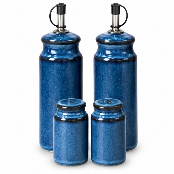 Skandi Home Solen navy reactive glaze condiment set, oil and vinegar bottles and salt and pepper shakers shown without the stand