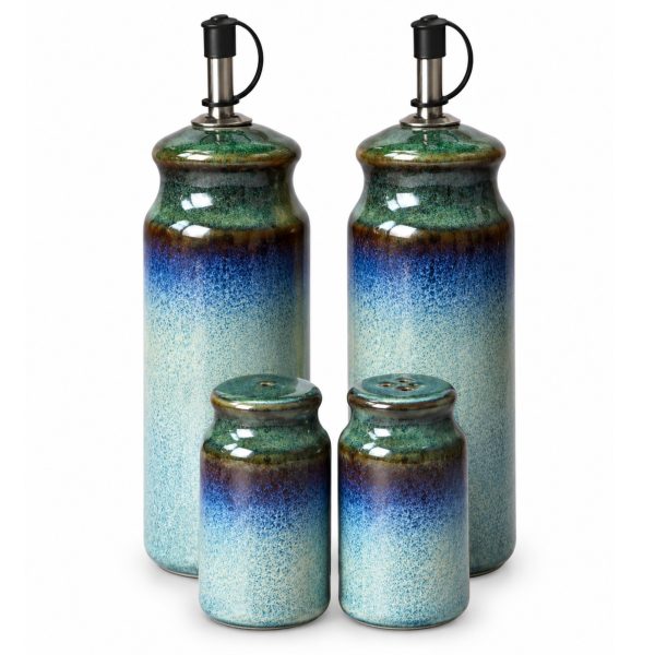 Skandi Home Solen Ocean Teal reactive glaze condiment set, oil and vinegar bottles and salt and pepper shakers shown without the stand