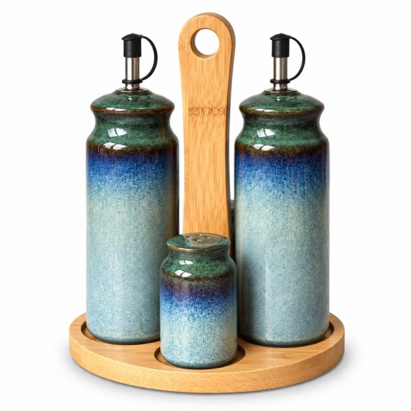 Skandi Home Solen Ocean Teal reactive glaze condiment set with oil and vinegar bottles and salt and pepper shakers on a bamboo stand