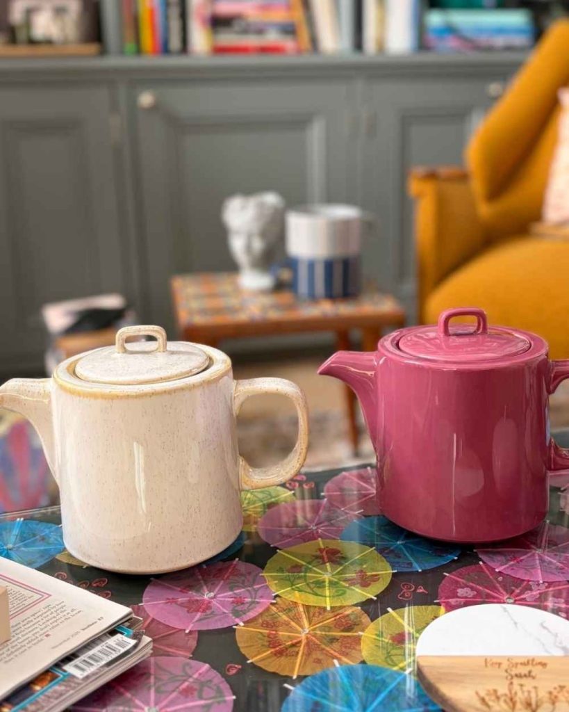 Cream and pink Oslo ceramic teapots in a living room